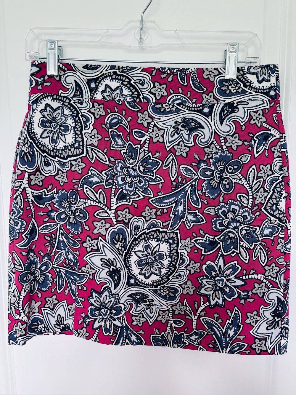 LOFT Pink Paisley Print Midi Skirt with Navy & White Accents